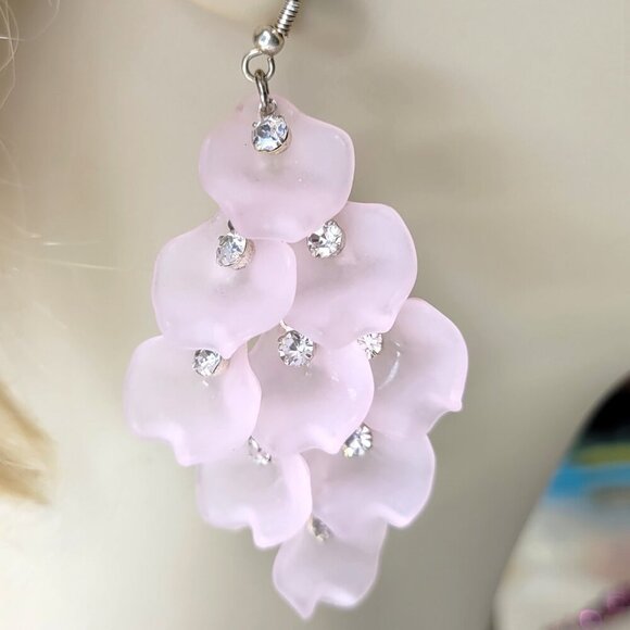 Pink Rose Petal Earrings with Crystals - Picture 2 of 9